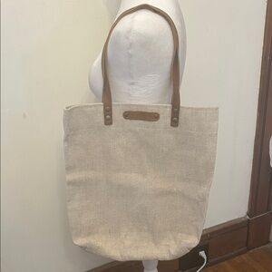 Livthai cotton cream colored bag with leather handles 15X18 EUC